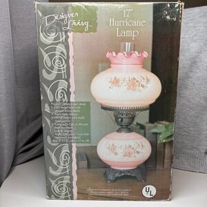 NEW Designer Living 17" Hurricane Lamp Pink Floral Glass Antique Brass Base